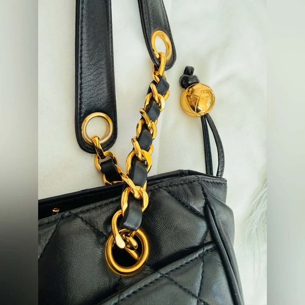 Chanel Vintage 24k Gold Plated Black Lambskin Quilted Tote Bag Gold Ball Charm